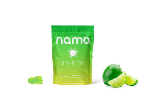anytime cbd gummies with lime fruit and cbd gummies on white background