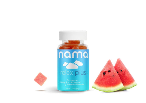 nama relax plus gummies with floating gummy and watermelon slices