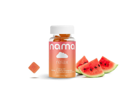 relax cbd gummies with floating gummy and watermelon pieces