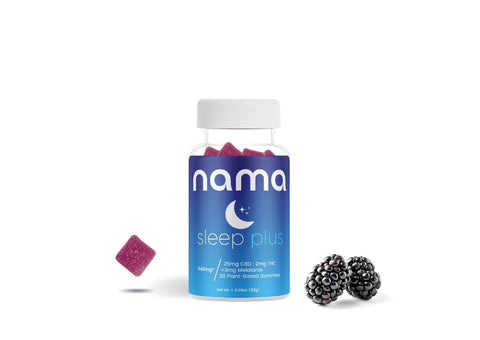 sleep plus thc gummies with floating gummy and blackberries